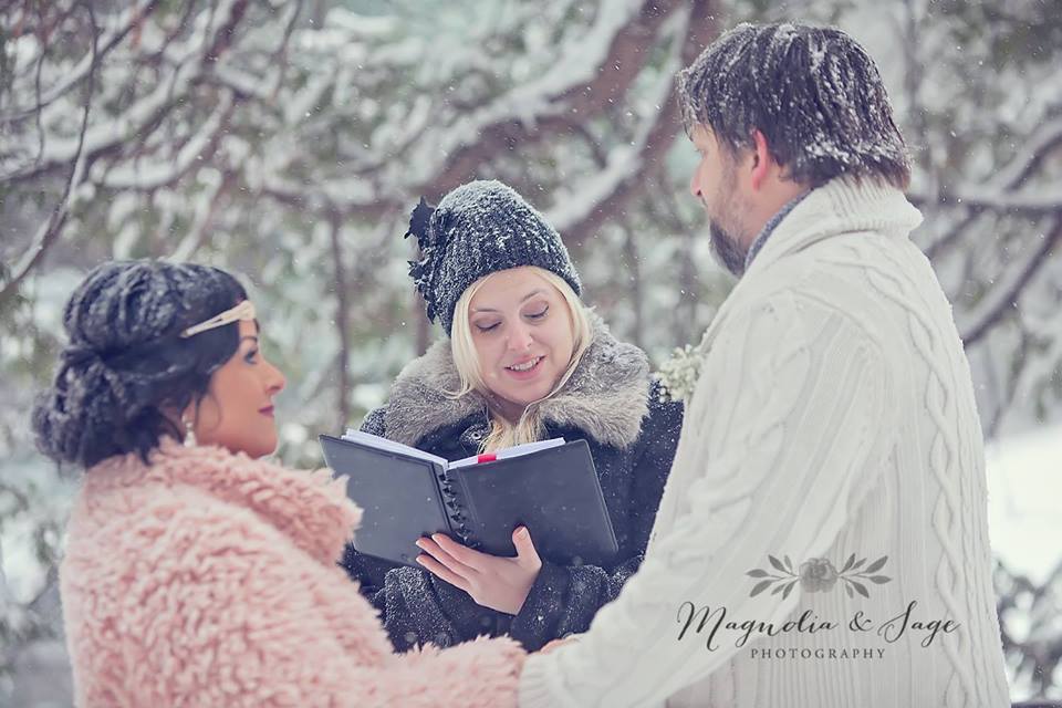 All Seasons officiant Brigitte Samson conducting a winter ceremony